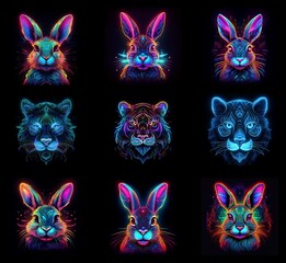 Aufkleber - Nine vibrant animal portraits, rabbits and big cats, rendered in neon glowing lines against a black background.  A mystical, psychedelic aesthetic.