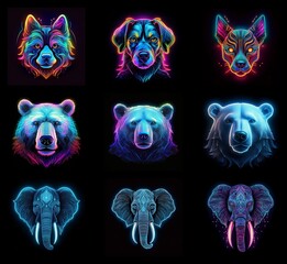 Aufkleber - Nine vibrant animal portraits, dogs and bears and elephants, rendered in a neon, glowing line art style against a black background.  Each animal's head is depicted with intricate details, showcasing a