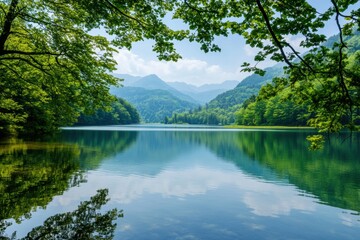 Aufkleber - Tranquil mountain lake surrounded by lush greenery and reflecting the clear blue sky. Generative AI