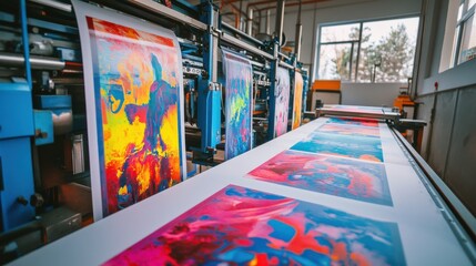 Poster - Modern Printing Press with Colorful Artwork in Production Line