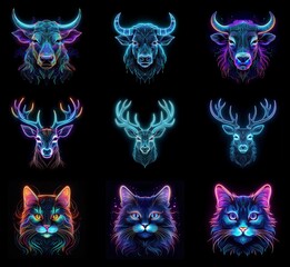 Aufkleber - Neon-colored animal portraits: bulls, deer, and cats.  Geometric lines create vibrant, glowing images against a black background.  Style is modern and striking.