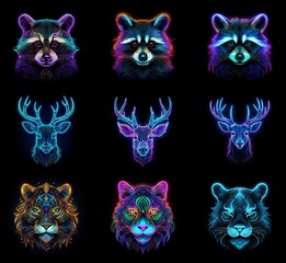 Aufkleber - Nine vibrant animal portraits: raccoons, deer, and tigers.  Neon, glowing lines create intricate, colorful designs against a black background.  A mystical, artistic style.
