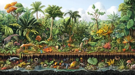 Poster - A rich jungle cross-section showing the vibrant life forms at every level, from the ground to the canopy, illustrating the complex biodiversity of tropical ecosystems.