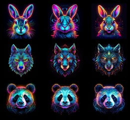Aufkleber - Nine vibrant animal portraits: rabbits, wolves, and pandas, rendered in a neon, geometric style against a black background.  Each animal is depicted in three variations of color schemes.