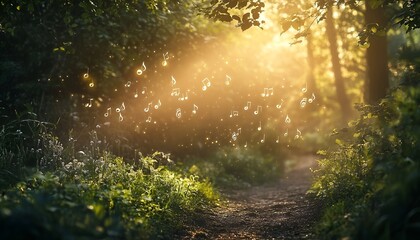 a peaceful nature-inspired design with a quiet forest, dappled light, and soft music notes in the ai
