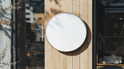 Aufkleber - A round signboard mockup with a simple white background, suspended from a wooden storefront, perfect for modern and minimalistic business designs.