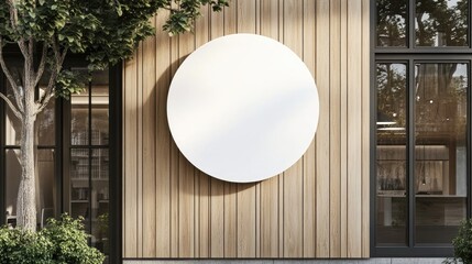 Aufkleber - A round signboard mockup with a simple white background, suspended from a wooden storefront, perfect for modern and minimalistic business designs.