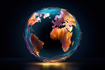 Poster - abstract globe with colorful light nodes emitting energy above a dark background representing global