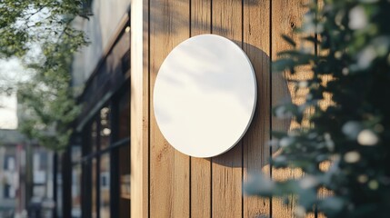 Aufkleber - A round signboard mockup with a white background, gently hanging from a wooden storefront, ideal for showcasing professional business logos.