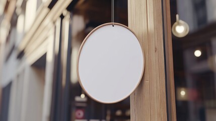 Aufkleber - A round signboard mockup with a white background, gently hanging from a wooden storefront, ideal for showcasing professional business logos.