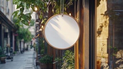 Aufkleber - A round signboard mockup with a white background, gently hanging from a wooden storefront, ideal for showcasing professional business logos.