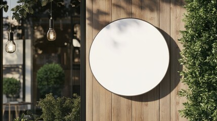 Poster - A round signboard with a clean white background, elegantly hanging from a wooden storefront, offering a refined and minimalist approach to business signage.