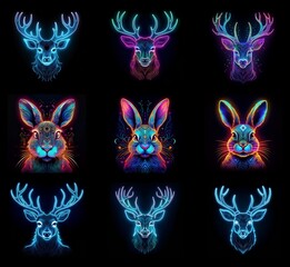 Aufkleber - Nine vibrant neon animal portraits: three deer and three rabbits, each in a unique color palette.  Intricate linework and glowing effects create a mystical atmosphere.