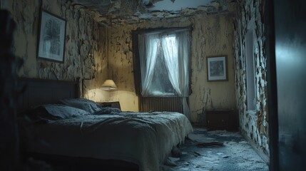 Poster - A rundown, abandoned room with peeling paint and cracked walls, evoking a strong feeling of neglect and decay.