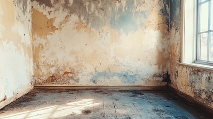 Poster - A rundown, abandoned room with peeling paint and cracked walls, evoking a strong feeling of neglect and decay.