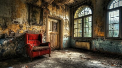 Poster - A rundown, abandoned room with peeling paint and cracked walls, evoking a strong feeling of neglect and decay.