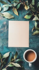 Fototapete - Blank space for creative ideas surrounded by green leaves and a cup of coffee on a teal surface. Generative AI