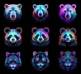 Aufkleber - Nine vibrant animal portraits: bears and pandas in neon hues, tigers with cosmic patterns.  A digital art collection showcasing majestic creatures in glowing color.