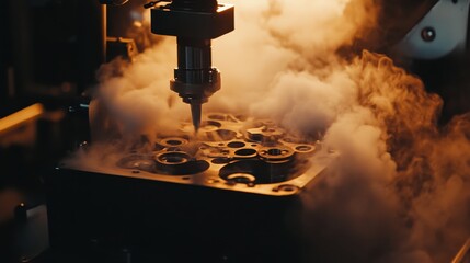 Poster - Precision Machining Process in Industrial Workshop with Smoke Effects