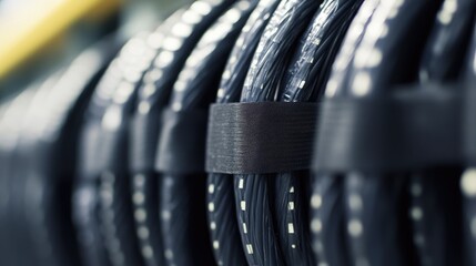 Poster - A side profile of electrical wire bundles, insulated with black tape, neatly placed in a cable conduit, emphasizing professional wiring standards.