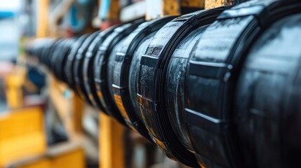 Poster - A side view of bundled wires insulated with black electrical tape, running along a cable conduit, illustrating an organized and secure electrical setup.