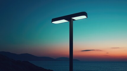 Poster - A sleek LED street lamp silhouette stands against a sky transitioning to shades of blue as evening sets in.