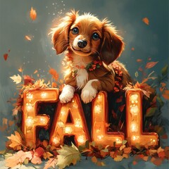 Poster - Vivid autumn backdrop large FALL letters shimmering orangebrown shades covered in wildflowers and leaves A cute fawn dachshund kitten happily rests on the letters soft sparkles giving a magical vibe