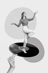 Sticker - Vertical collage image of arm fingers hold vinyl record mini positive funky girl dancing isolated on creative background