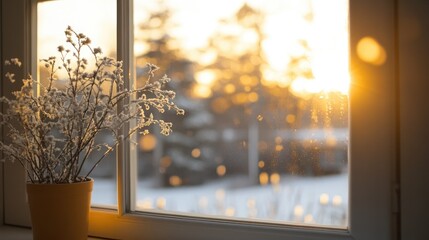 Poster - A soft-focus winter scene through a window with gentle sunlight streaming in, offering a peaceful and tranquil backdrop for a cozy atmosphere.