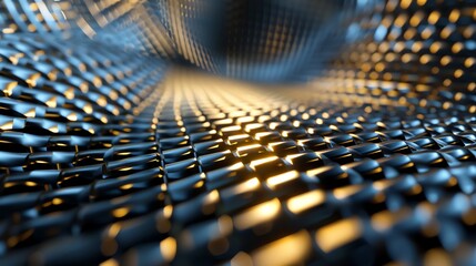 A macro shot of a dark blue metallic mesh with a soft yellow glow.