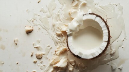 Poster - A splash of milk spills from a coconut shell, with scattered coconut pieces around it on a white surface, evoking a fresh tropical feel.