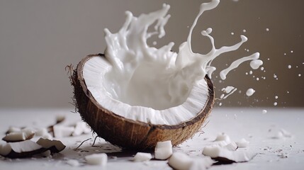 Poster - A splash of milk spills from a coconut shell, with scattered coconut pieces around it on a white surface, evoking a fresh tropical feel.