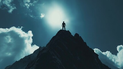 Poster - A striking silhouette of a man atop a mountain peak, silhouetted by a bright sky, symbolizing victory and the pursuit of personal goals.