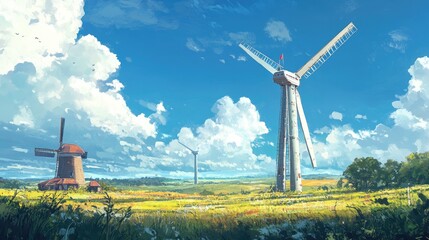 Poster - A towering modern wind turbine looms over a traditional windmill, showcasing their size difference against the backdrop of expansive rolling fields.