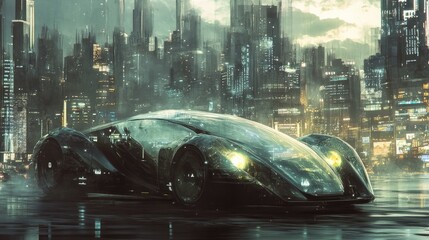 Aufkleber - A transparent futuristic car against a city backdrop, rendered in a futuristic generative AI style, symbolizing innovation and advanced technology.