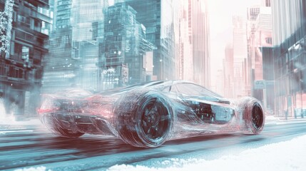 Aufkleber - A transparent futuristic car against a city backdrop, rendered in a futuristic generative AI style, symbolizing innovation and advanced technology.