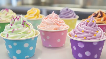 Poster - A variety of colorful ice creams in a paper cup, showcasing vibrant, pastel hues for a fun and sweet summer treat.