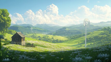 Poster - A vast, green valley with a traditional windmill and a modern wind turbine, both standing tall against the rolling hills in the background.