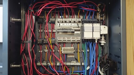 Poster - A well-arranged junction box filled with wires, each securely insulated with electrical tape, creating a safe and professional wiring environment.