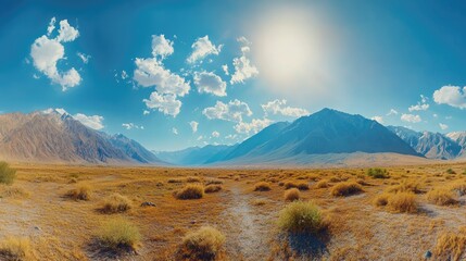 Poster - A wide-angle panoramic view of a stunning summer landscape with a majestic mountain range under the bright sun, inviting travel and adventure.
