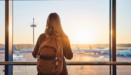 Wall Mural - A young traveler with a backpack standing at an airport terminal, looking at the flight