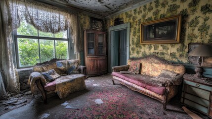 Poster - A worn-out, abandoned room with cracked walls and peeling paint, evoking a sense of decay and neglect in this atmospheric setting.