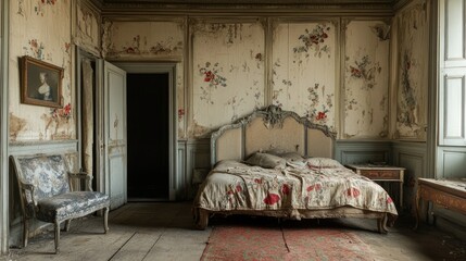 Poster - A worn-out, abandoned room with cracked walls and peeling paint, evoking a sense of decay and neglect in this atmospheric setting.