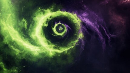 Poster - Glowing neon green and purple spiral vortex with cosmic swirling energy