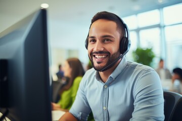 Poster - Happy male call center agent wearing headset is smiling while working on computer