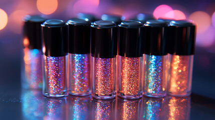 Aufkleber - A collection of sparkling glitter containers, beautifully arranged with a colorful bokeh background, creating a vibrant and festive ambiance
