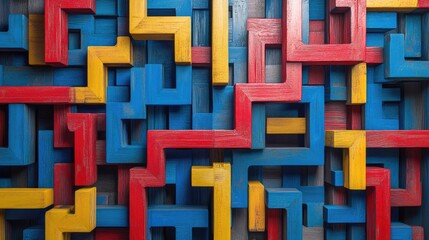 Poster - An abstract, generative AI-inspired wooden maze with narrow, colorful paths in blue, red, and yellow, creating a dynamic visual.