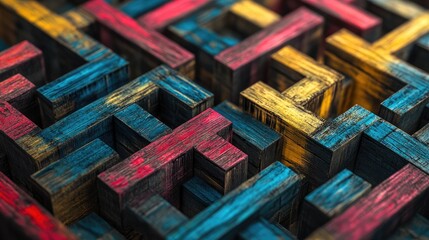 Poster - An abstract, generative AI-inspired wooden maze with narrow, colorful paths in blue, red, and yellow, creating a dynamic visual.