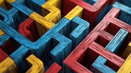 Poster - An abstract, generative AI-inspired wooden maze with narrow, colorful paths in blue, red, and yellow, creating a dynamic visual.