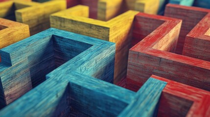 Poster - An abstract, generative AI-inspired wooden maze with narrow, colorful paths in blue, red, and yellow, creating a dynamic visual.